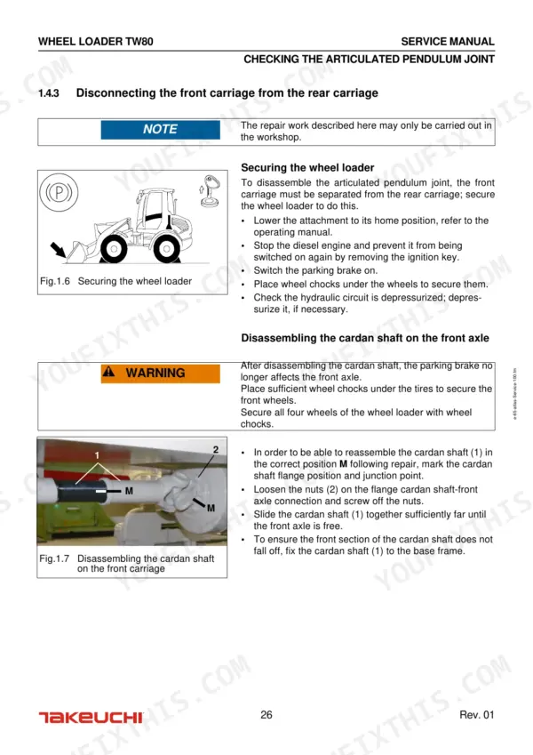 Takeuchi TW80 service manual procedure for disconnecting the articulated pendulum joint and disassembling the cardan shaft.