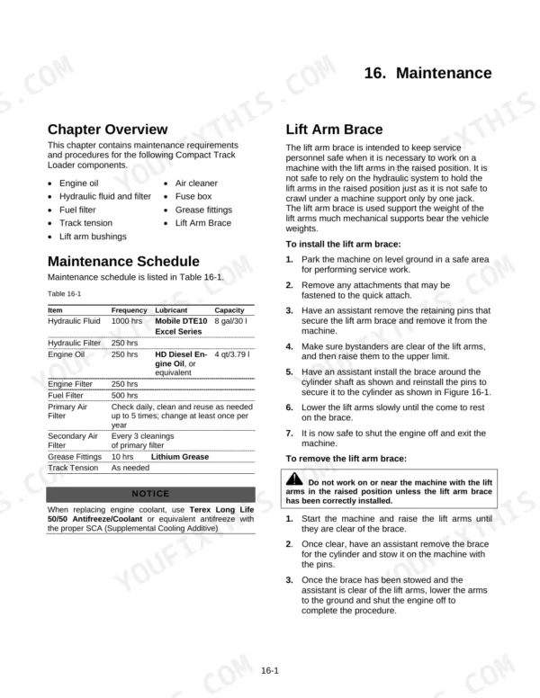 Terex PT-30 maintenance schedule table and lift arm brace installation and removal procedures.