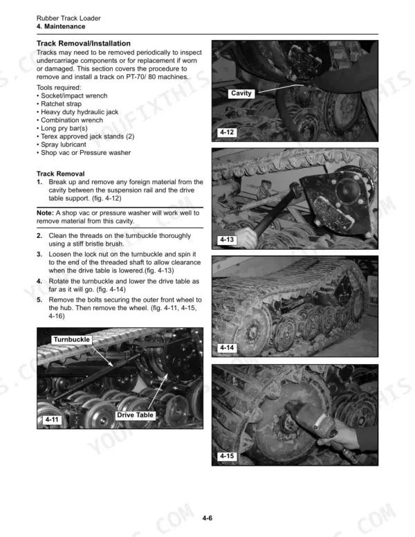 Terex PT-70, PT-80 track removal and installation procedure with photos of the turnbuckle, drive table, and front wheel.