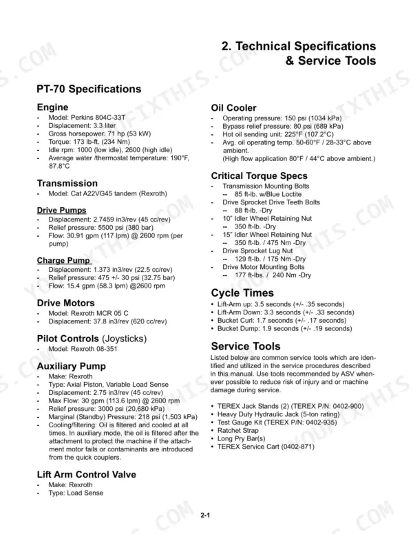 Terex PT-70, PT-80 technical specifications, critical torque specs, cycle times, and service tools list.