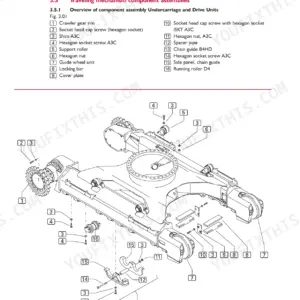 Terex TC 210 LC, TC 225 LC: Exploded view diagram of undercarriage traveling mechanism components and parts list.