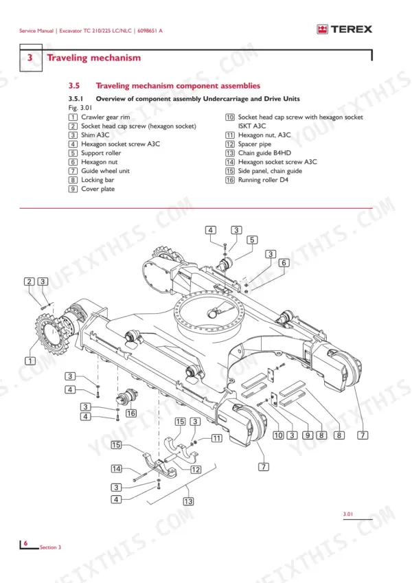 terex-tc-210-lc-tc-210-nlc-tc-225-lc-tc-225-nlc-excavator-service-manual-6098651-a-exploded-view-29.webp Terex TC 210 LC, TC 225 LC: Exploded view diagram of undercarriage traveling mechanism components and parts list.