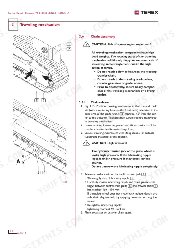 Terex TC 210 LC, TC 225 LC: Traveling mechanism chain assembly and release procedure with hydraulic tension jack diagram.