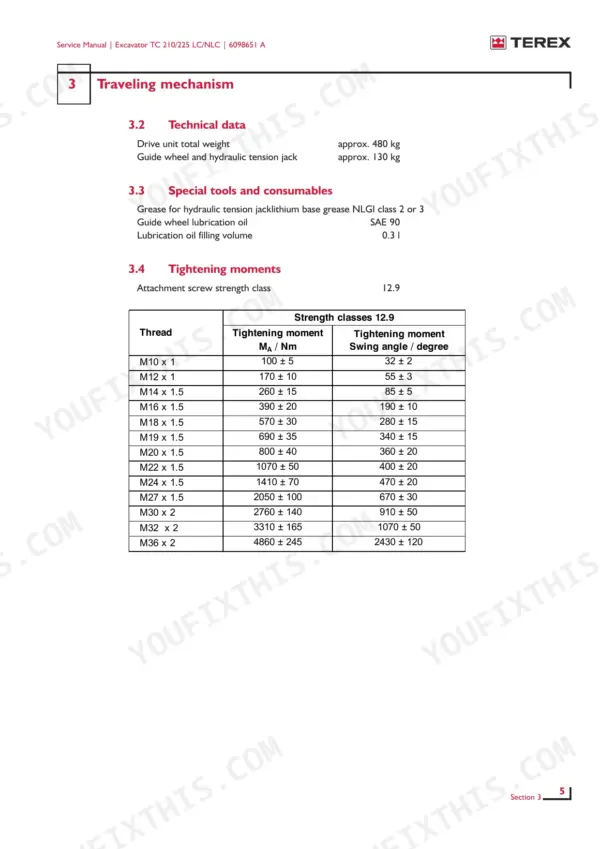Terex TC 210 LC, TC 210 NLC, TC 225 LC, TC 225 NLC: Traveling mechanism technical data and torque tightening moment table.