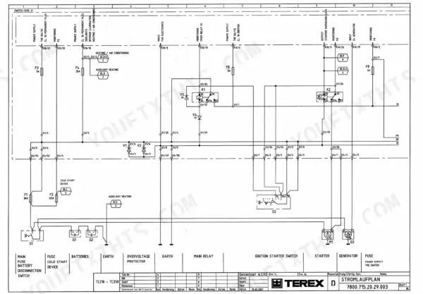 Terex TC 210 LC, TC 225 LC wiring diagram showing switch case J1, relays K1, K2, fuses, batteries, and ignition starter switch.