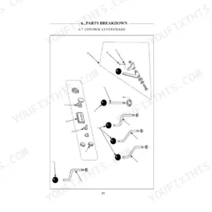 Thomas 25G, 25GT parts breakdown diagram of control levers and dash components.