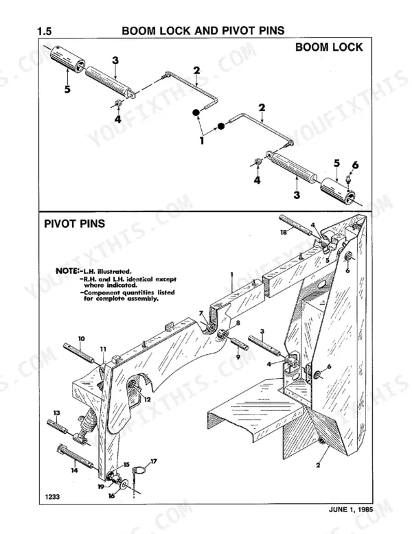 Thomas T-133, T-103 exploded view diagram of boom lock mechanism and pivot pins with numbered component parts list.