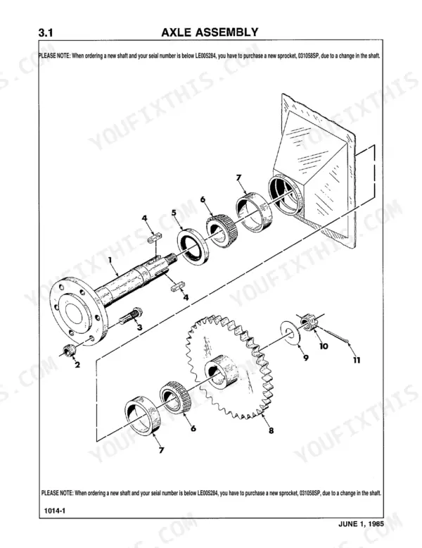 Thomas T-133, T-103 exploded view diagram of the axle assembly showing shaft, sprocket, bearings, and hardware components.