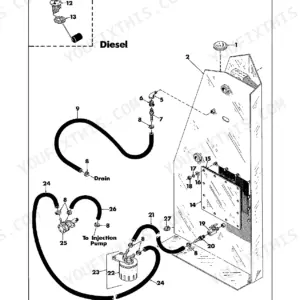 Thomas T-133, T-103 exploded view of diesel fuel system components, including fuel filter, lines, and tank sender unit.