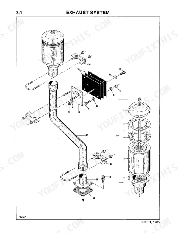 Thomas T-133, T-103 exploded view diagram of the exhaust system, including muffler, pipe, mounting brackets, and hardware components.