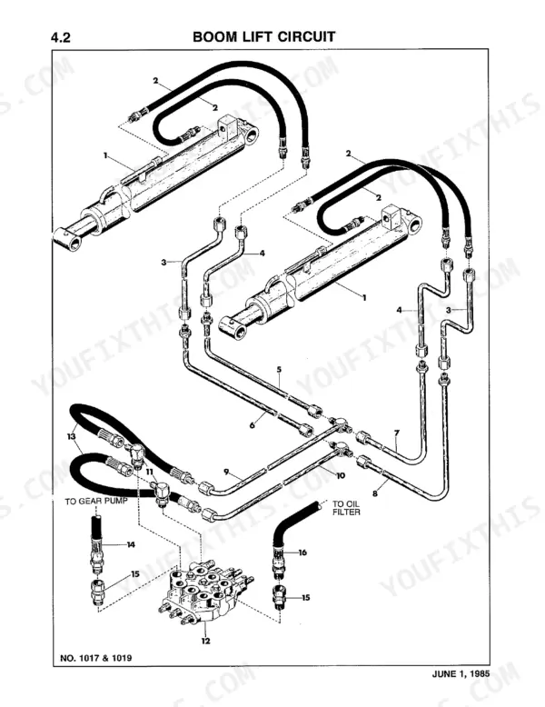 Thomas T-133, T-103 boom lift circuit hydraulic diagram showing cylinders, hoses, lines, and control valve connections.