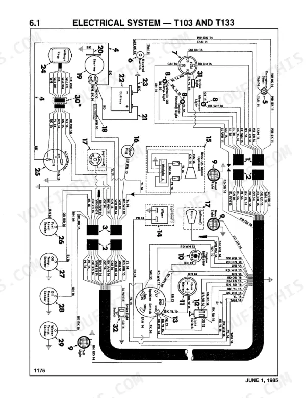 Thomas T-133, T-103 electrical system wiring diagram showing battery, starter, ignition switch, and various sensors.