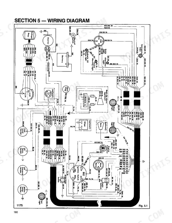 thomas-t103-t133-skid-steer-loader-repair-manual-30232-wiring-160.webp Thomas T103, T133, 207-133 wiring diagram showing battery, starter, ignition switch, and electrical component connections.