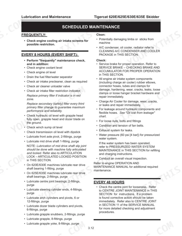 Tigercat 620E, 625E, 630E, 635E scheduled maintenance checklist for frequent, 8-hour, and 48-hour service intervals.