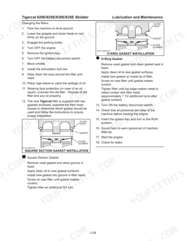 Tigercat 620E, 625E, 630E, 635E filter changing procedure with O-ring and square section gasket installation diagrams.