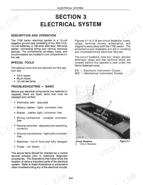 Versatile 1156 electrical system description, basic troubleshooting steps, and circuit breaker location diagram.
