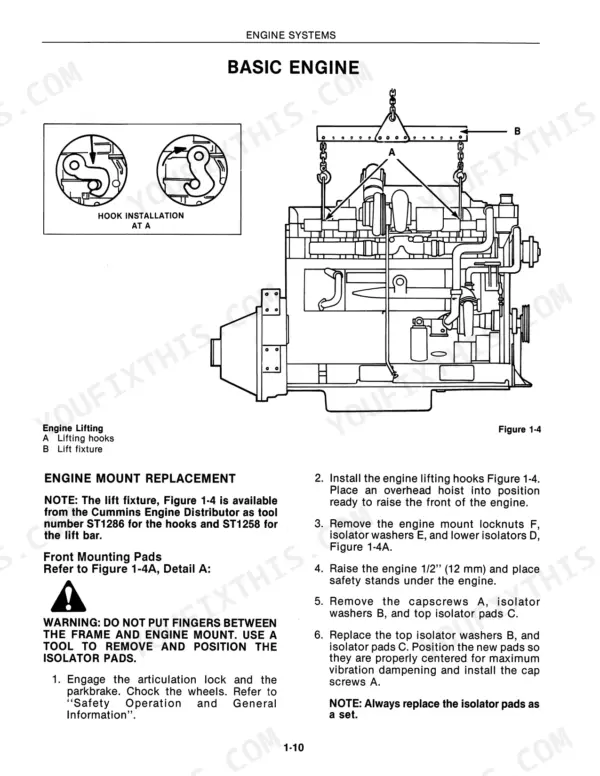 Versatile 1156 basic engine mount replacement procedure, showing engine lifting hooks, lift fixture diagram, and safety instructions.
