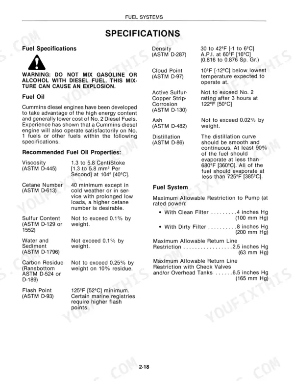 Versatile 1156 fuel system specifications table including fuel oil properties, ASTM standards, and pump restriction limits.