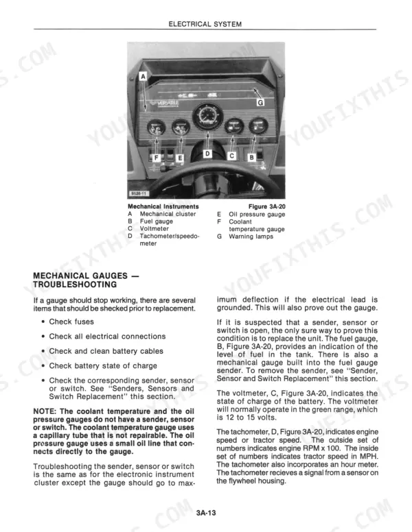 Versatile 1156 mechanical instrument cluster diagram and troubleshooting guide for gauges, sensors, and tachometer.