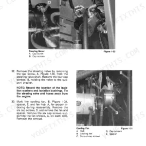 Versatile 1156 service manual procedures for removing the steering motor and cooling fan with component identification diagrams.