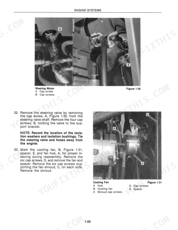 versatile-1156-tractor-service-manual-40115610-wiring-38.webp Versatile 1156 service manual procedures for removing the steering motor and cooling fan with component identification diagrams.