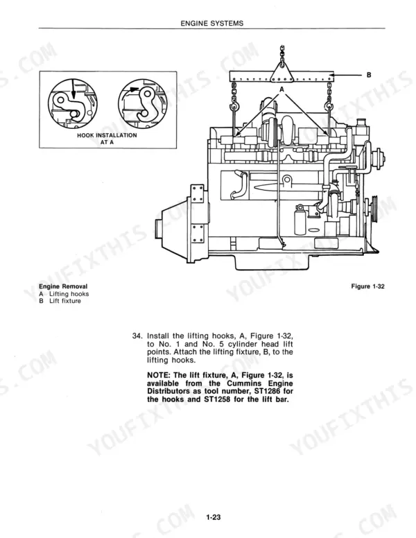 Versatile 1156 engine removal procedure showing lifting hooks and lift fixture installation diagram.