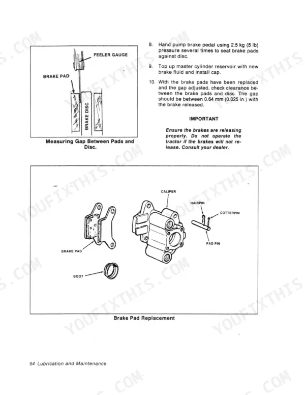 Versatile 256, 276 II brake pad replacement procedure, caliper exploded view, and brake disc clearance measurement diagram.