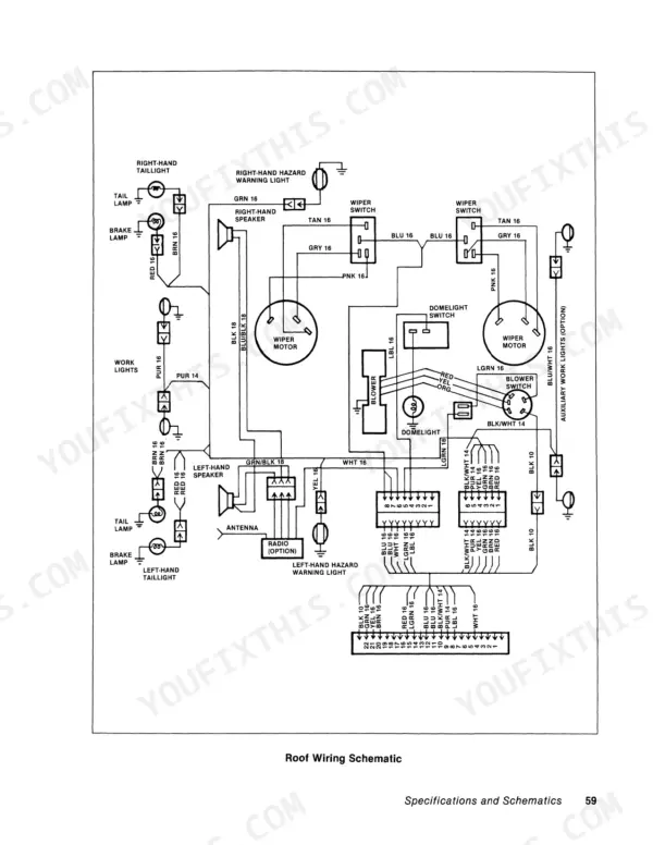 Versatile 256, 276 roof wiring schematic showing wiper motors, lights, speakers, radio, and blower switch connections.