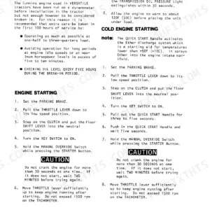 Versatile 700 service manual page detailing engine break-in, engine starting, and cold engine starting procedures.