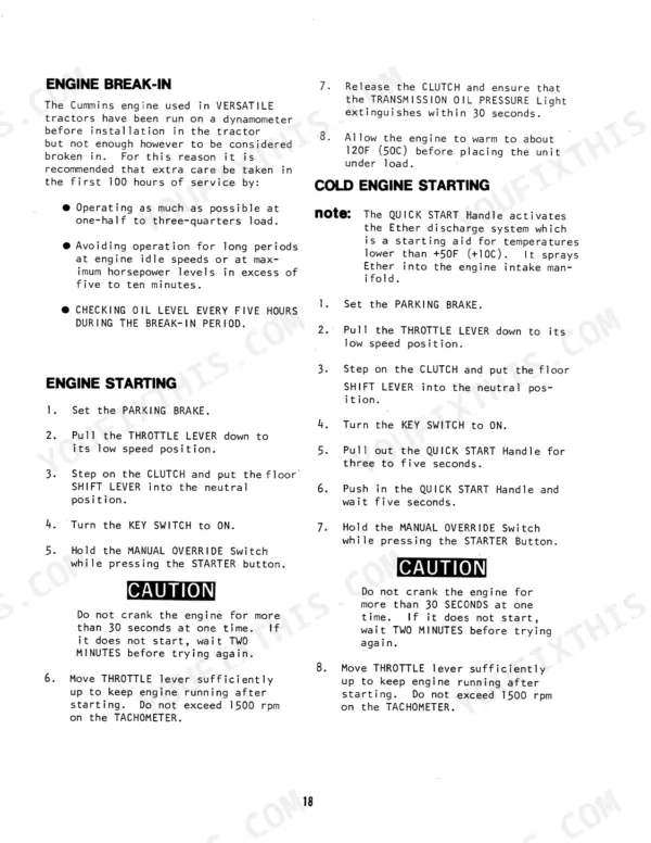 versatile-700-4wd-tractor-operator-manual-42070030-operations-24.webp Versatile 700 service manual page detailing engine break-in, engine starting, and cold engine starting procedures.