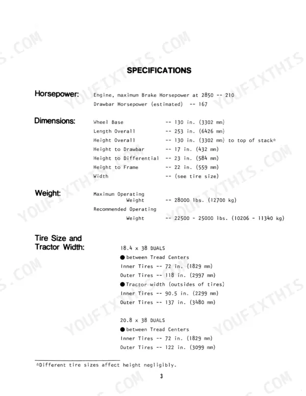 Versatile 700 tractor specifications table listing horsepower, dimensions, operating weight, and tire size width data.