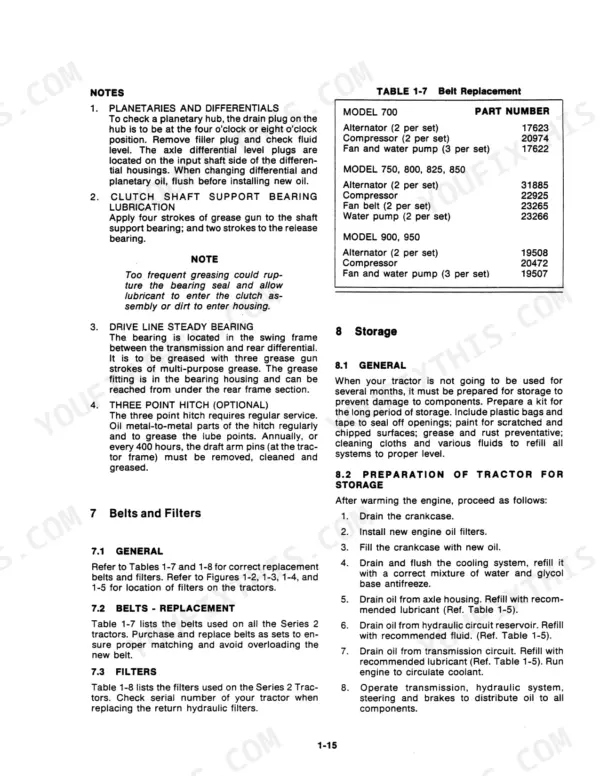 Versatile 700–950 maintenance manual: belt replacement table, lubrication procedures, and tractor storage steps.