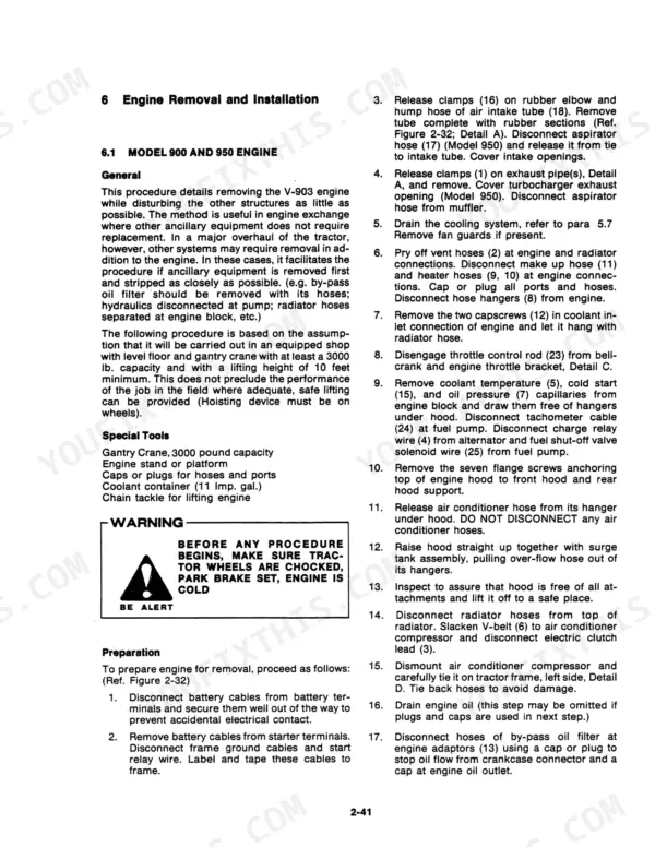 Versatile Series 2 engine removal and installation procedure for V-903 engine models 900 and 950.