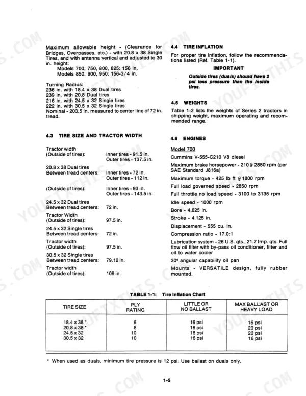 Versatile 700–950 specifications for tire size, tractor width, engine data, and tire inflation table.