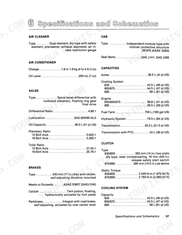 Versatile 835, 855, 875, 895 specifications table for air cleaner, axles, brakes, cab, capacities, clutch, and cooling system.