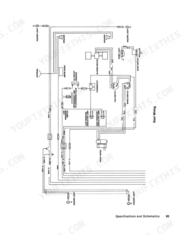 Versatile 835, 855, 875, 895 roof wiring schematic showing radio, blower motor, wiper, and hazard light circuits.