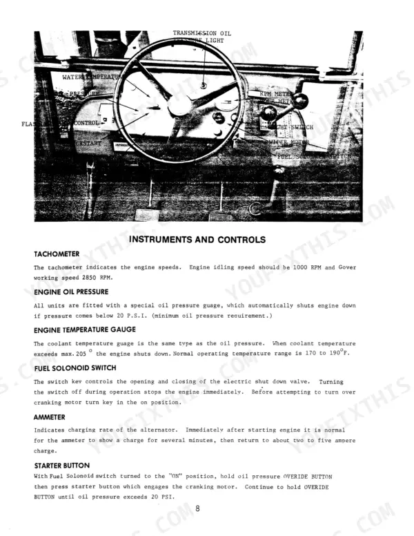 versatile-900-4-wheel-drive-tractor-operator-manual-42090004-controls-10.webp Versatile 900 operator manual page showing dashboard instruments, controls, and descriptions for tachometer, oil pressure, and starter.
