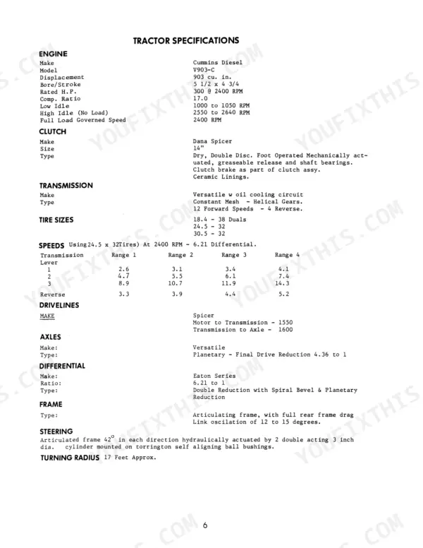 Versatile 900 tractor specifications table covering engine, clutch, transmission, tire sizes, speeds, drivelines, axles, and steering.