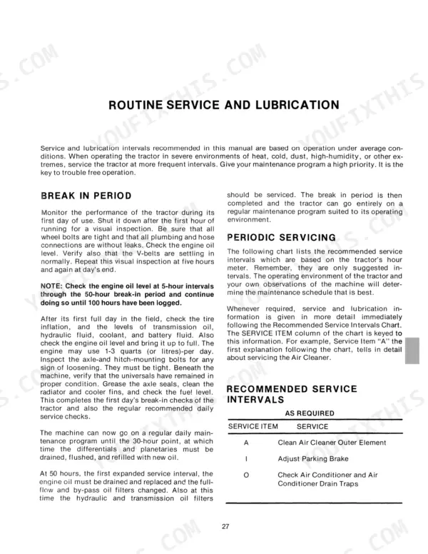 Versatile Series 2 Model 900 routine service and lubrication guide, break-in period procedures, and recommended service intervals table.