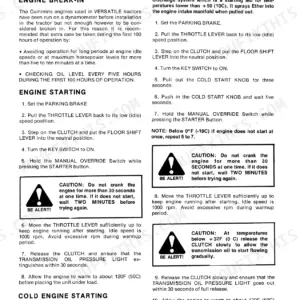 Versatile Series 2 Model 900 operator manual page covering engine break-in, starting procedures, and cold start instructions.