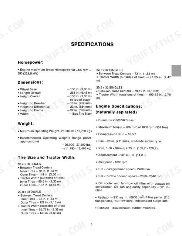 Versatile Series 2 Model 900 specifications page listing engine, dimensions, weight, and tire size data.