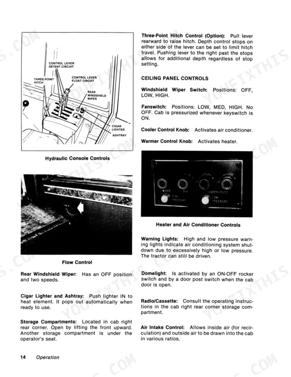 versatile-945-975-tractor-operator-manual-42094520-controls-20.webp Versatile 945, 975 operator manual page showing hydraulic console, heater, air conditioner controls, and cab interior operation.