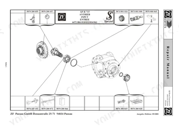 zf-ap-r-715-planetary-steering-axle-service-training-5871-419-002-exploded-view-22.webp Zf AP-R 715 input drive exploded view showing gear assembly, bearings, and specialized service tool part numbers.