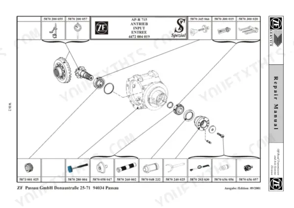 Zf AP-R 715 input drive exploded view showing gear assembly, bearings, housing, and specialized service tool part numbers.