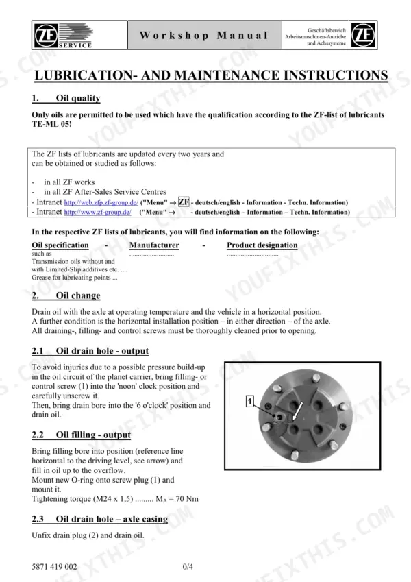 Zf AP-R 715 lubrication and maintenance instructions, oil quality, oil change procedures, and output drain hole diagram.