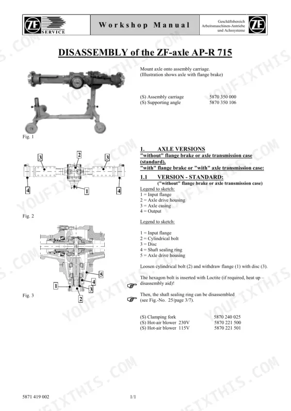 Zf AP-R 715 disassembly procedure, axle mounting diagram, and input flange cross-section view with component legends.