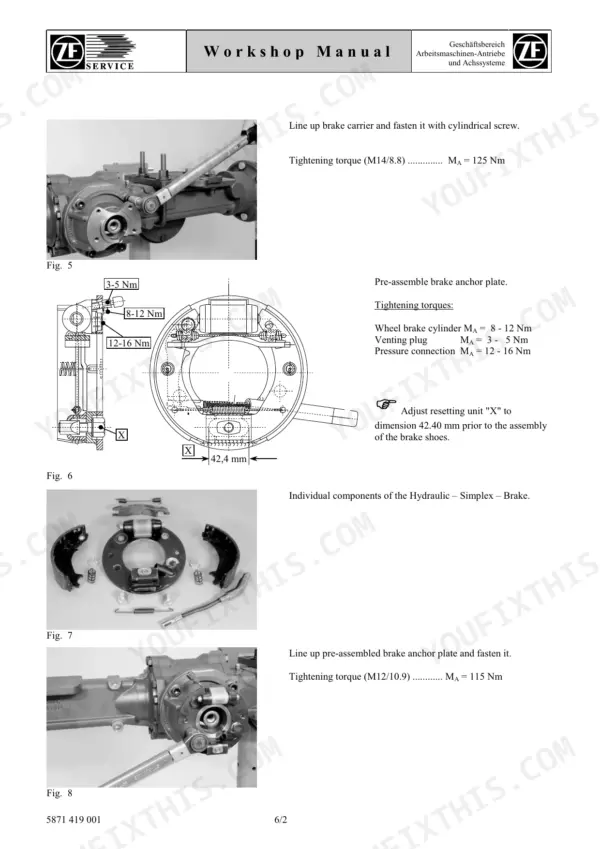 Zf AP-R 715 workshop manual showing brake anchor plate assembly, hydraulic simplex brake components, and tightening torque specifications.