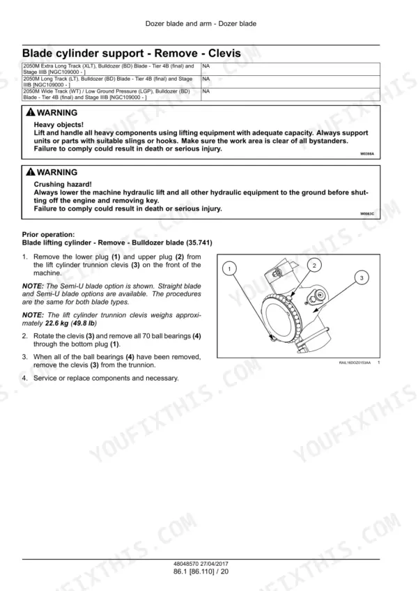 Case 2050M Crawler Dozer Service Manual Dozer Blade Cylinder Support Removal - Page 2083
