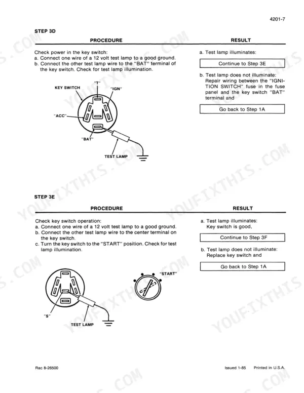 Case 2094, 2294, 3294 tractor key switch test with a test lamp