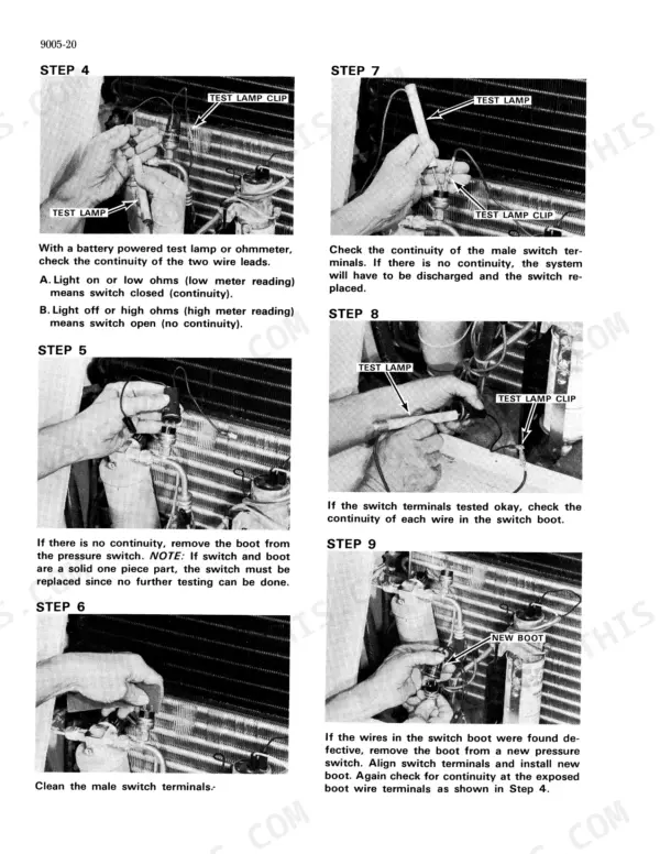 Case_2470_2670_Tractor_Service_Manual_9-78206R0.pdf-accessories-and-air-conditioning-9005-1192-3.webp Case 2470, 2670 air conditioning switch continuity test with test lamp - Page 1192